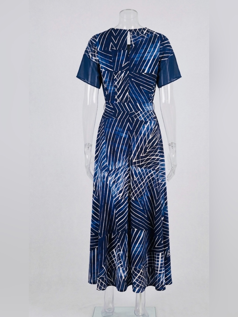 Lauren Ralph Lauren Navy Geometric Print Midi Dress with Belt - Size 10 - Picture 3 of 16